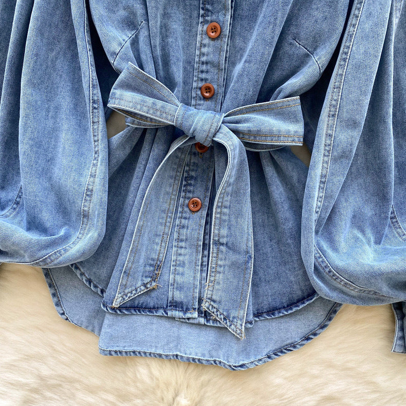 Retro Lace-up Puff Sleeve Denim Top