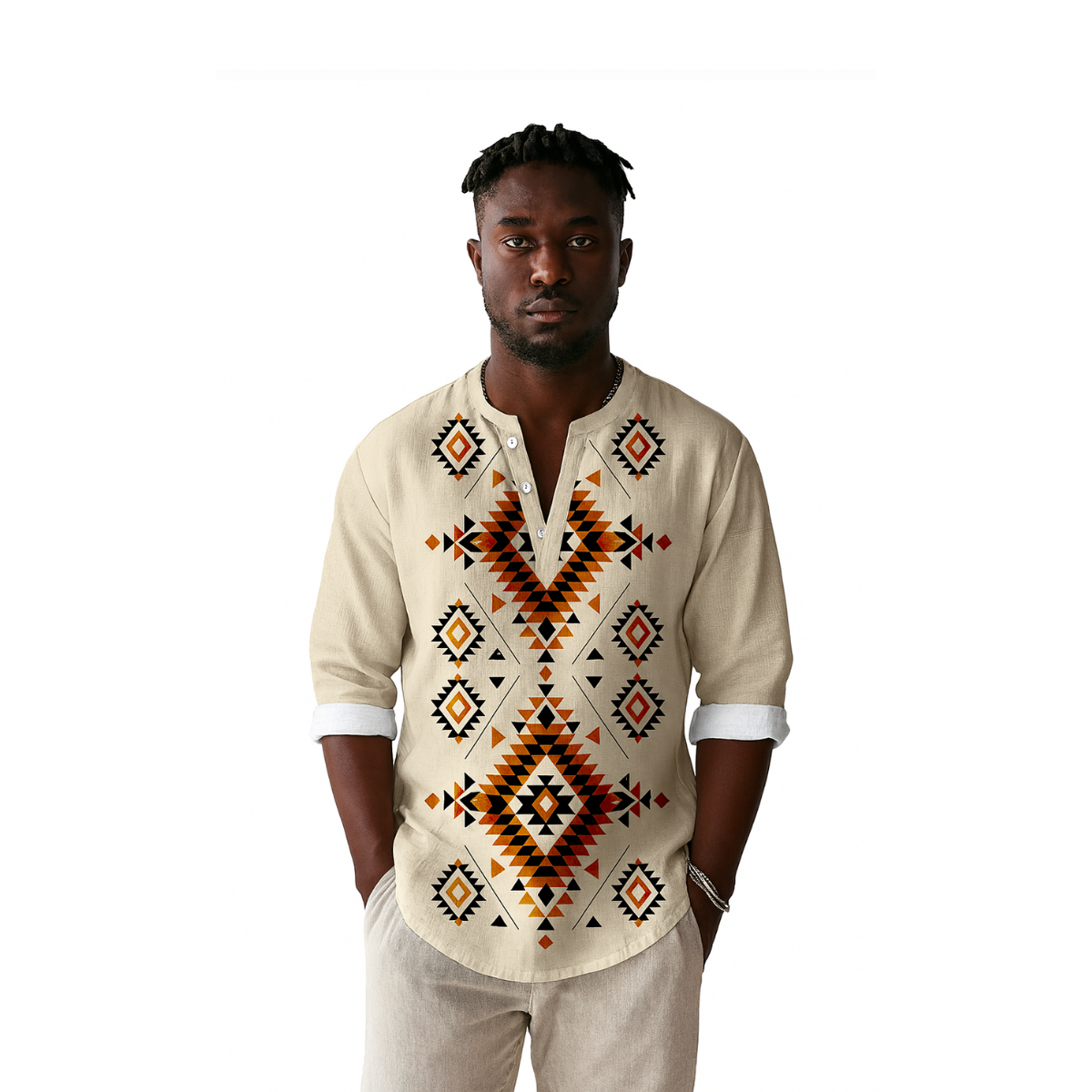 Man wearing a beige shirt with a geometric pattern on a white background