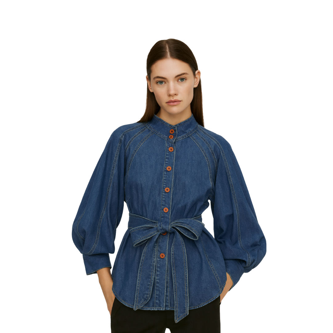 Retro Lace-up Puff Sleeve Denim Top