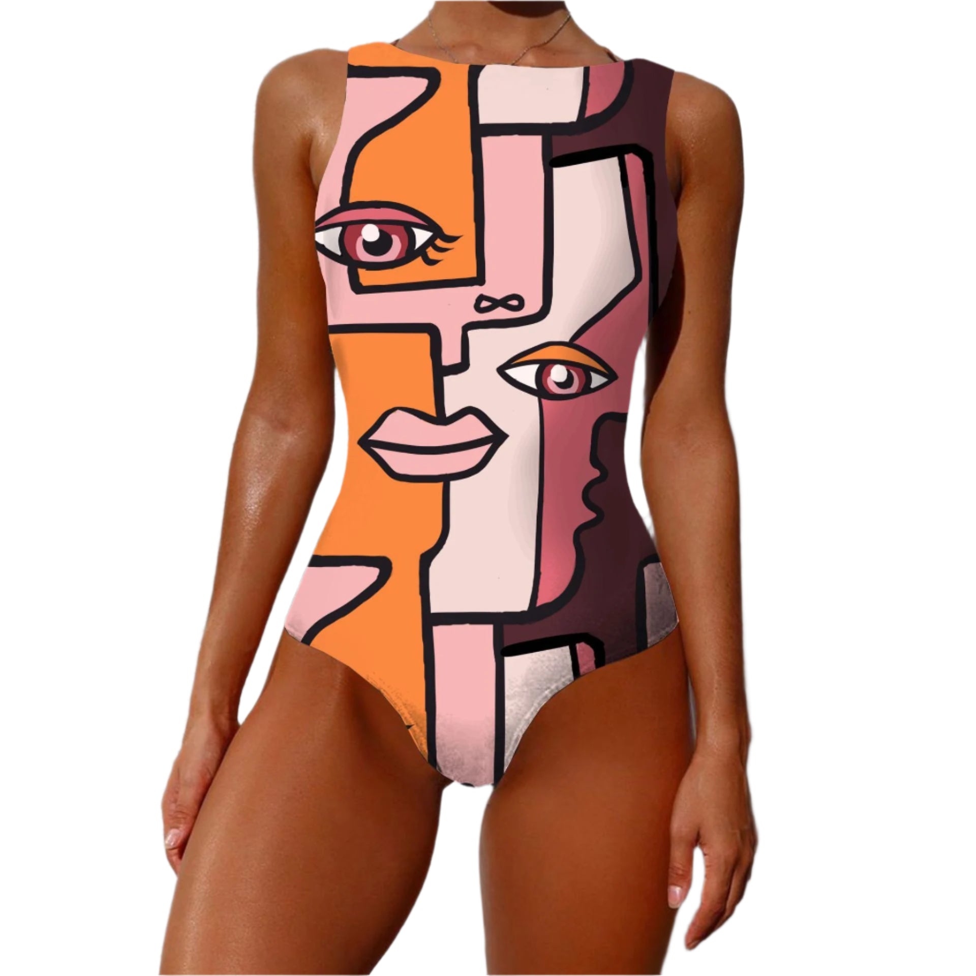 Person wearing a colorful abstract art swimsuit against a white wall