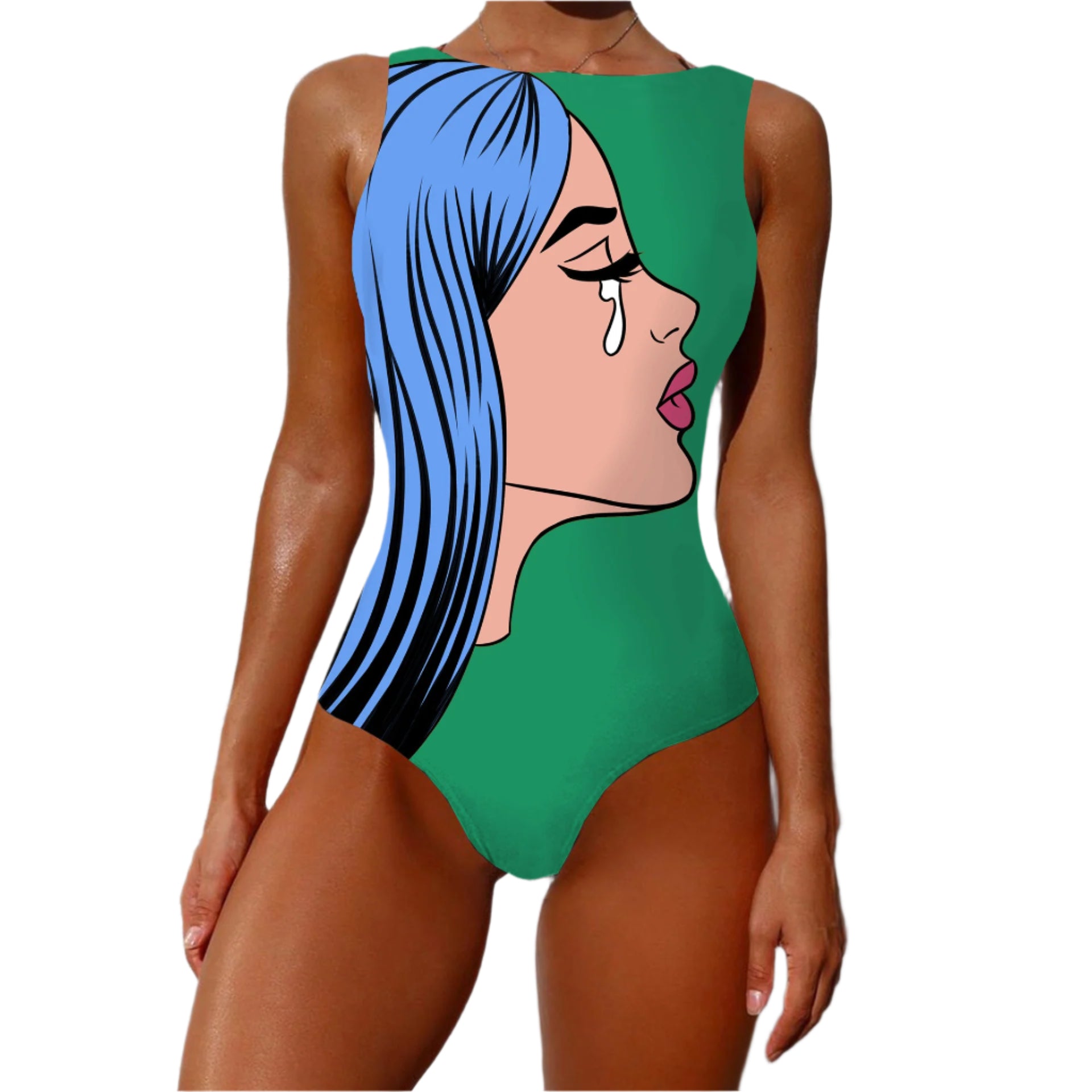Person wearing a green swimsuit with a stylized face design against a white background