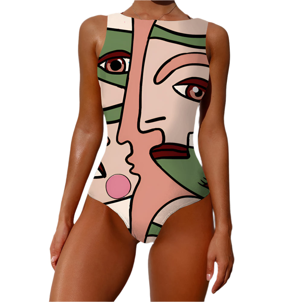 Person wearing a swimsuit with abstract face design against a white background