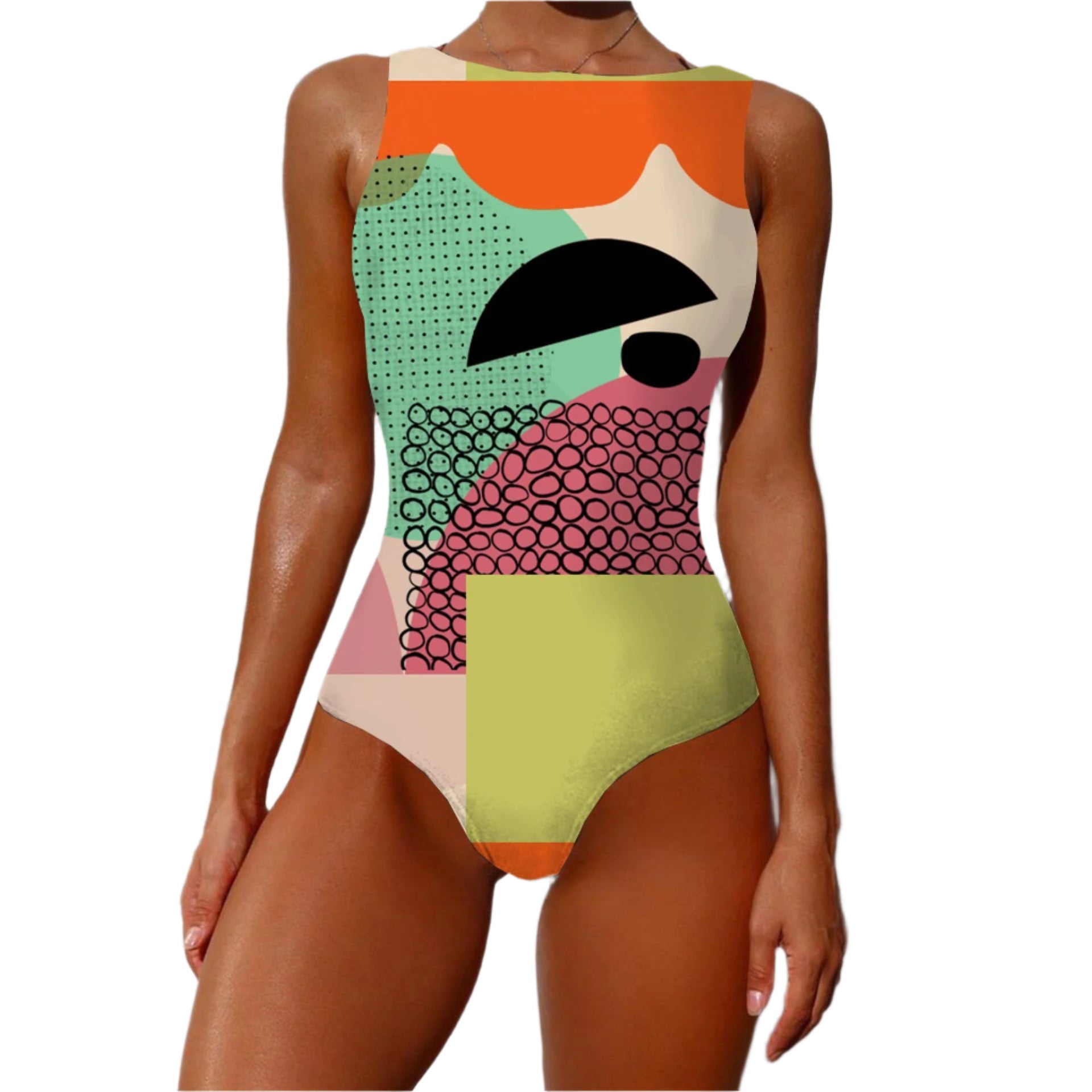 Colorful geometric-patterned swimsuit against a white background