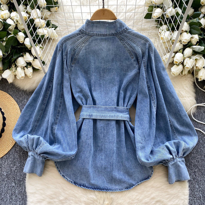 Retro Lace-up Puff Sleeve Denim Top