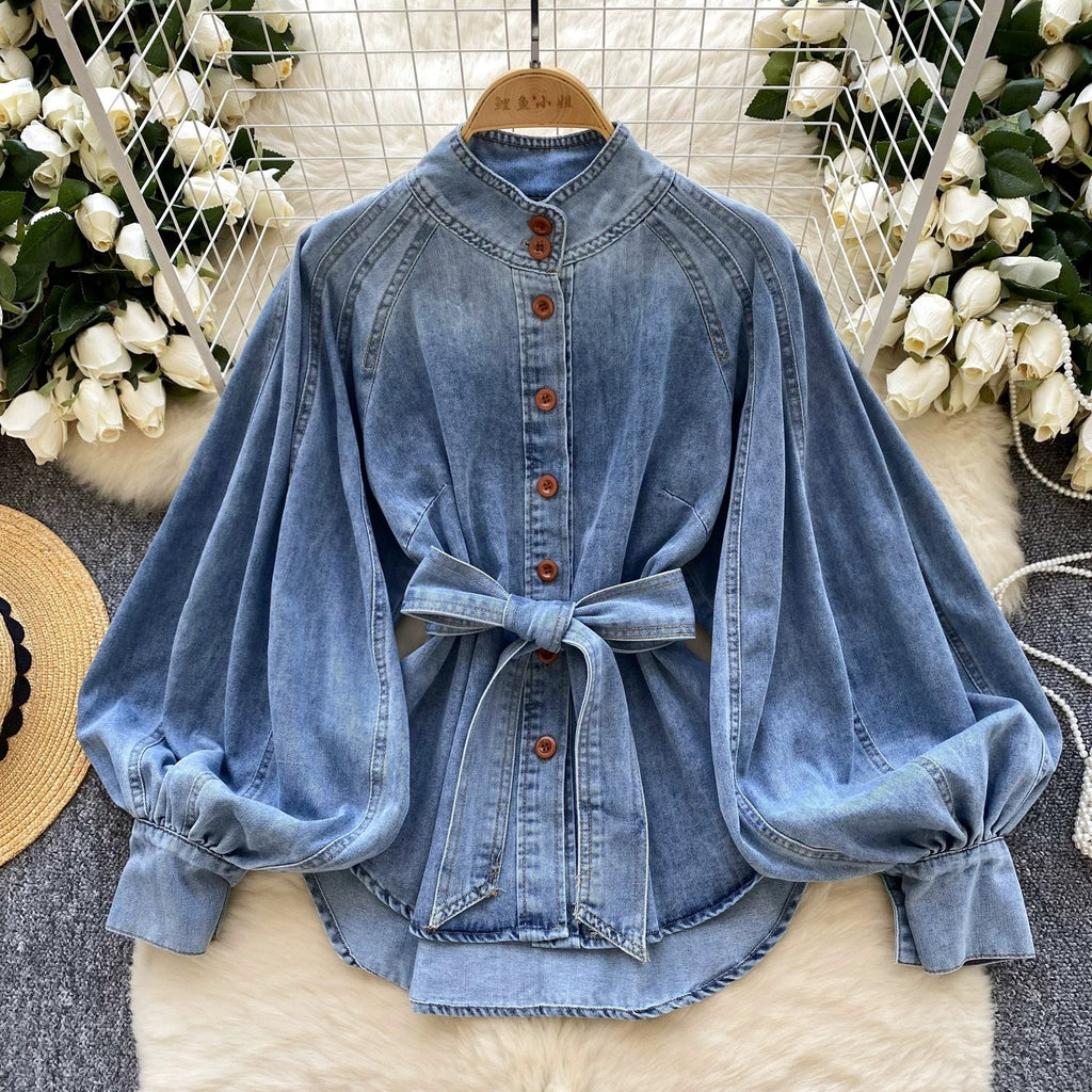 Retro Lace-up Puff Sleeve Denim Top