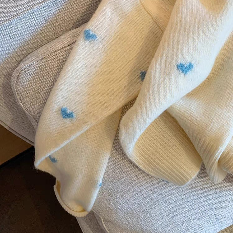 Idle Style Soft Beige and Blue Hearts Print Sweater