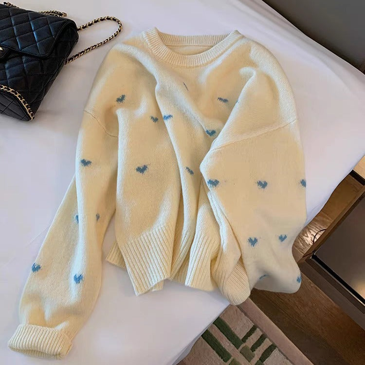 Idle Style Soft Beige and Blue Hearts Print Sweater