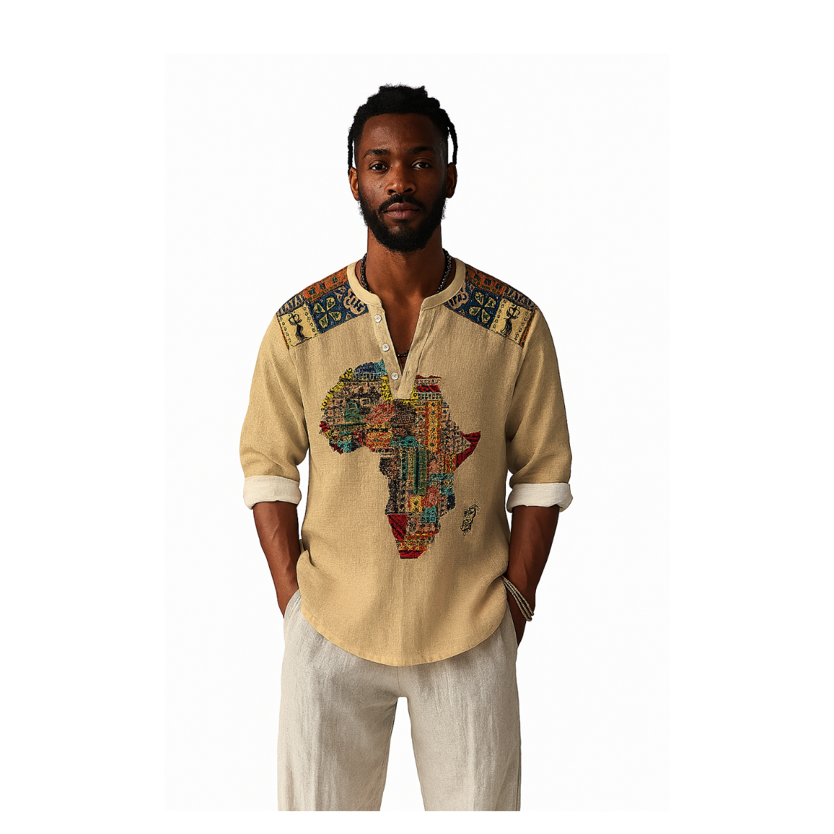 Man wearing a beige shirt with an Africa map design on a white background