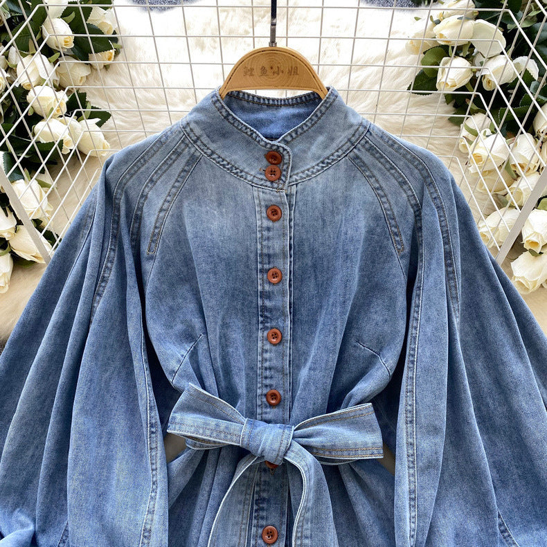 Retro Lace-up Puff Sleeve Denim Top
