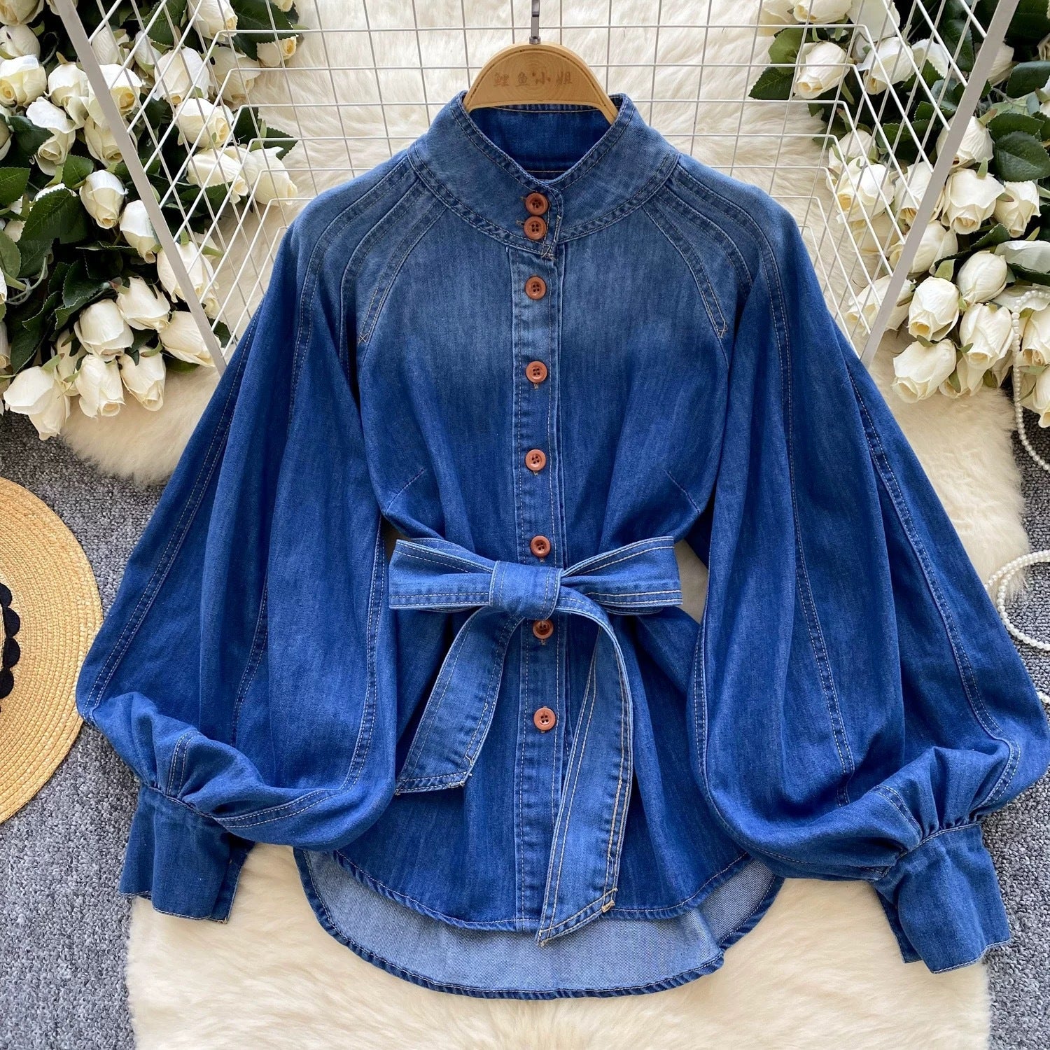 Retro Lace-up Puff Sleeve Denim Top