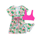 Girls' Monstera Print Three-piece Swimsuit