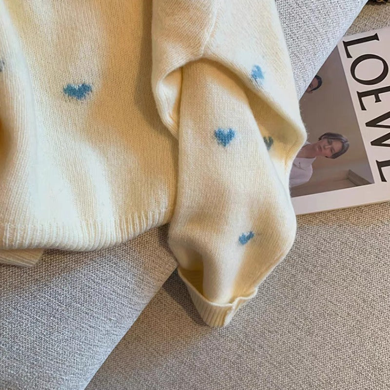 Idle Style Soft Beige and Blue Hearts Print Sweater