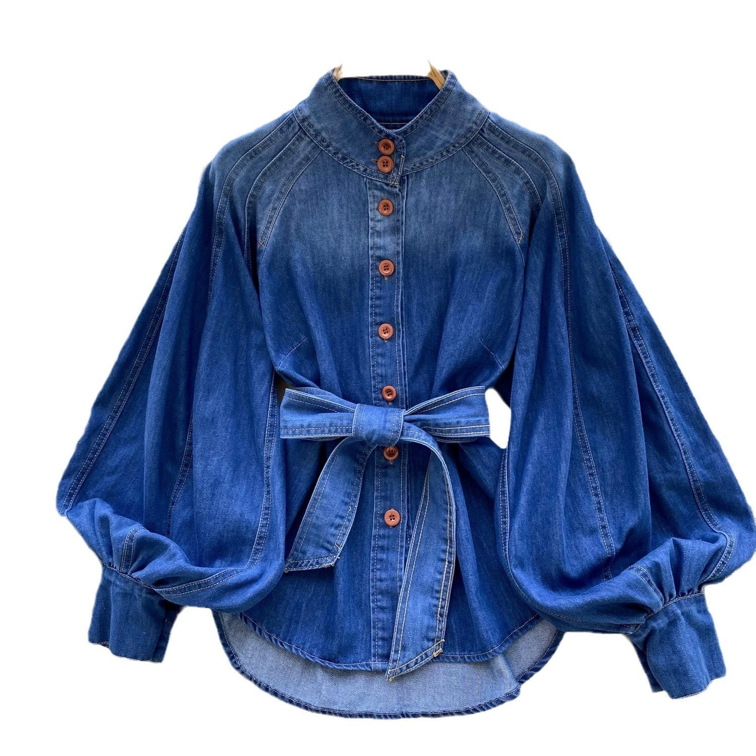 Retro Lace-up Puff Sleeve Denim Top