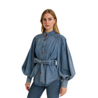 Retro Lace-up Puff Sleeve Denim Top