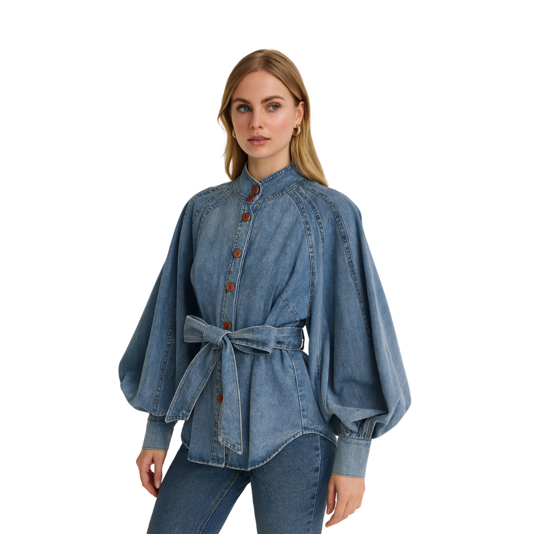 Retro Lace-up Puff Sleeve Denim Top