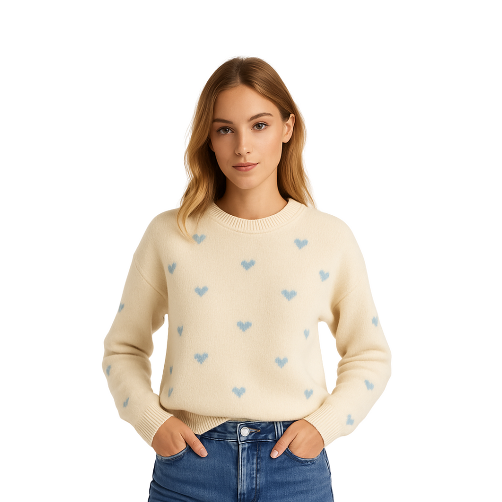 Idle Style Soft Beige and Blue Hearts Print Sweater
